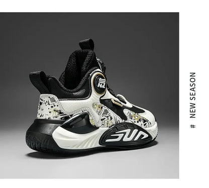 Leather Upper Children Basketball Shoes Rotatory Button Shock Absorbing Boys Shoes