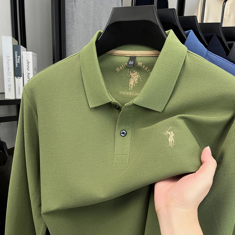 2025 New Cotton Long Sleeved T-shirt for Men, High End Embroidered Little Horse Logo Fashion Autumn/Winter Polo Top