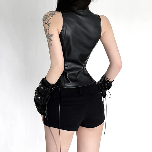 Retro Punk Pu Leather Vest With Sleeve Cover Women Gothic Black Sleeveless Turtleneck Top Y2k Metal Decorative Clothing