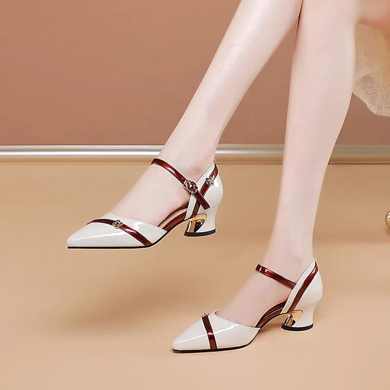 Sapatos Femininos de Salto Alto, Salto Grosso e Bico Fino, Sapatos Femininos da Moda Primavera e Verão de Salto Médio com Bico Quadrado