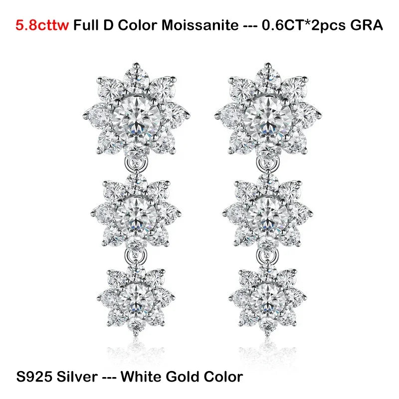 Luxury Sunflower 2.8-5.8cttw Full D Color Moissanite Drop Earrings for Women S925 GRA Certified Diamond Tassel Earring Gift