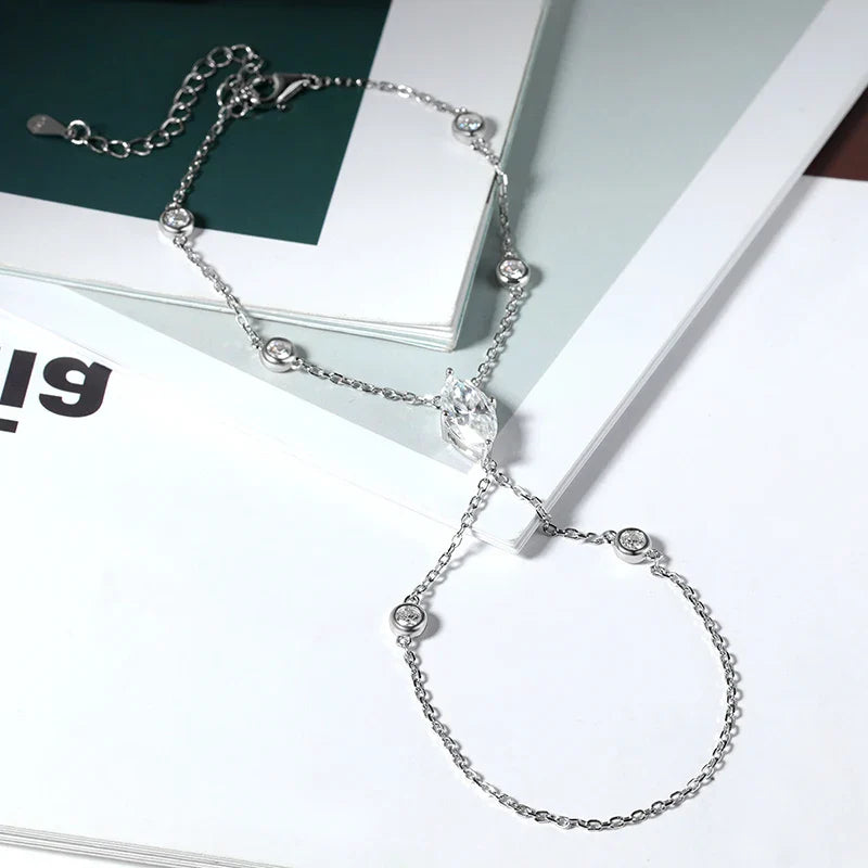 3EX Marquise Cut Moissanite Finger Chain Bracelets for Women 14-20cm Wrist Size Adjustable s925 Silver Hand Jewelry Gift
