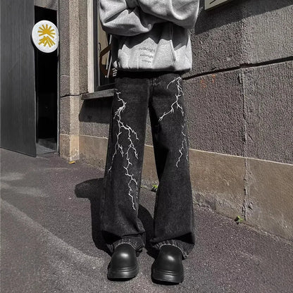 Retro Street Design Thorn Embroidery Niche Versatile Loose Straight Jeans 's Casual Pants (Button Holes Not Opened At Waist)