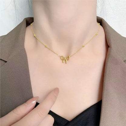 Stainless Steel Beads Chain Hollow Bowknot Pendant Necklace for Women Niche Simple Jewery Accessory