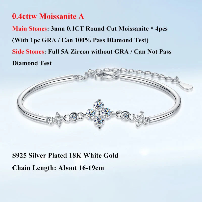 Lucky Clover GRA Certified 0.4cttw Moissanite Diamond Link Bracelet for Women 925 Silver Hand Chain Adjustable Bracelets