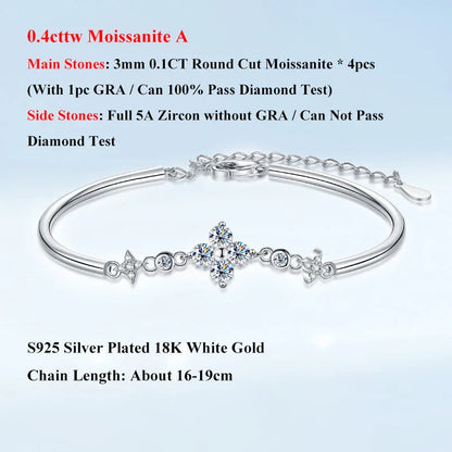 Lucky Clover GRA Certified 0.4cttw Moissanite Diamond Link Bracelet for Women 925 Silver Hand Chain Adjustable Bracelets