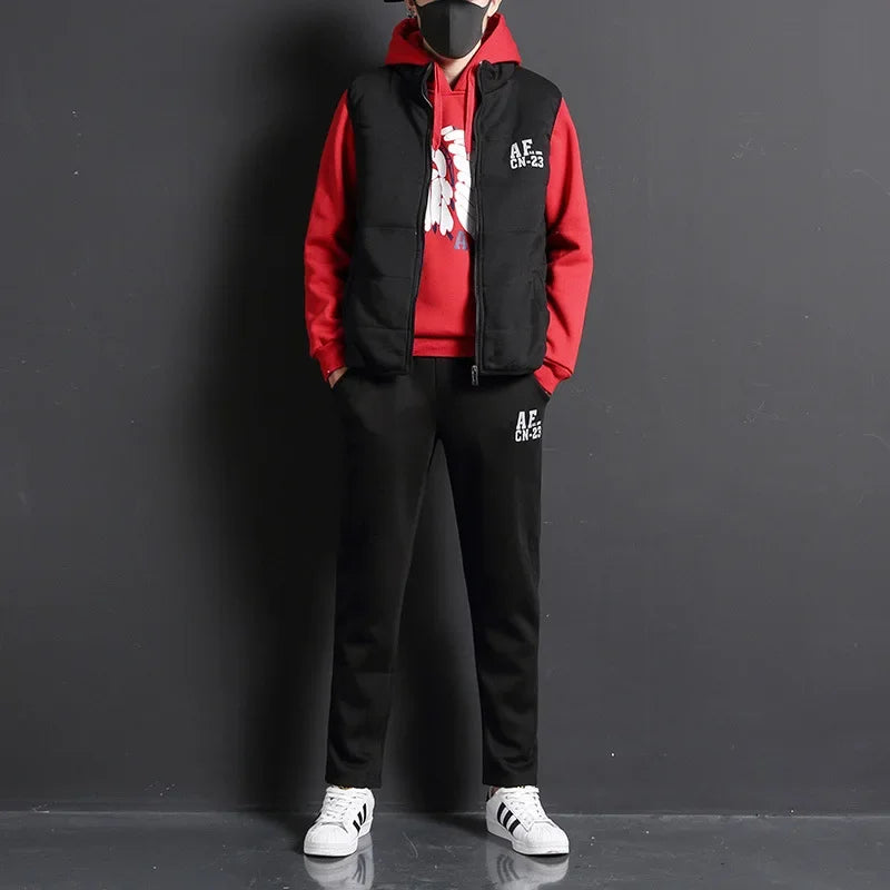 3 Pieces Set Hoodies+Vest+Pants Casual Track Suit Clothing Coats Winter Thick Warm Tracksuit for Couple Printed Mens Set Vest
