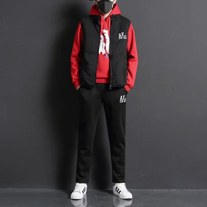 3 Pieces Set Hoodies+Vest+Pants Casual Track Suit Clothing Coats Winter Thick Warm Tracksuit for Couple Printed Mens Set Vest