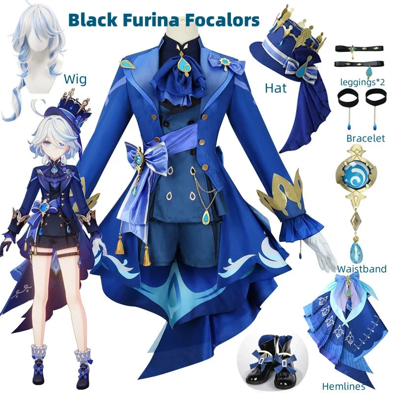 Furina Cosplay Costume Wig Hair Impact Fontaine Focalors with Hat Black Suits High Heel Cosplay Shoes for Women Outfits