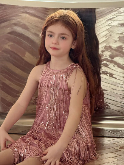 Vestido Infantil Meninas 2025 Verão Novo Moda Infantil Vestido de Borla Brilhante de Luxo Vestido de Aniversário para Meninas