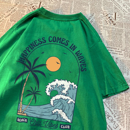 Happiness Comes In Waves Printing Men Women Clothes Fashion Loose Tops Creativity Casual T Shirt Pattern Loose Tshirts Couple