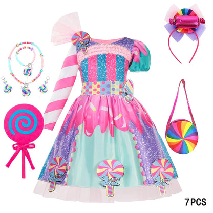 New Candy Dress Lollipop Cosplay Costume Rainbow Dress Carnival Purim Party Princess Dress Long Short Sleeves Candies Dresses