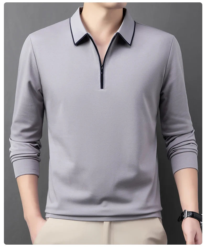 Light luxury brand long sleeved men's polo shirt autumn fashion flip collar half zipper design boutique top silk casual T-shirt
