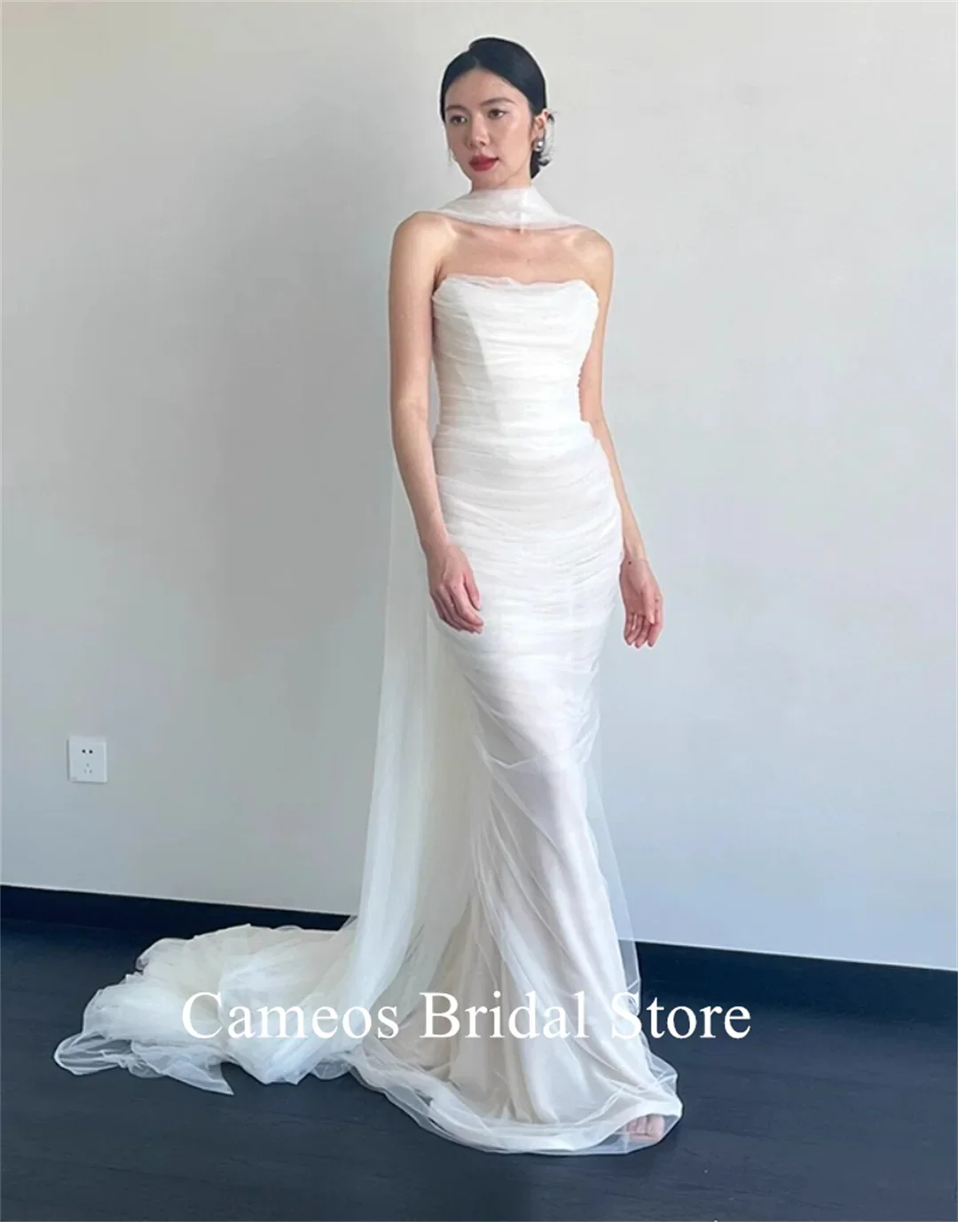 Strapless Tulle Korea Elegant Wedding Dress Customized Bride Dress 웨딩드레스 Mermaid Ruched Corset Ivory Wedding Gown Bridal