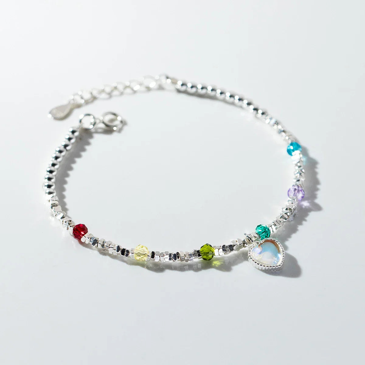 925 Sterling Silver Rainbow Color Crystal Beads Bracelet Charm Heart Moonstone Link Chain Bracelets For Women Jewelry