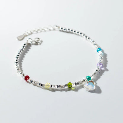 925 Sterling Silver Rainbow Color Crystal Beads Bracelet Charm Heart Moonstone Link Chain Bracelets For Women Jewelry