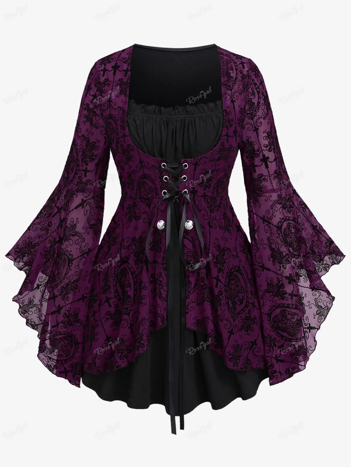 Plus Size Gothic Bell Sleeves Cross Floral Mesh Flocking Lace Up Ruched Ruffles 2 in 1 Long Bell Sleeve Top