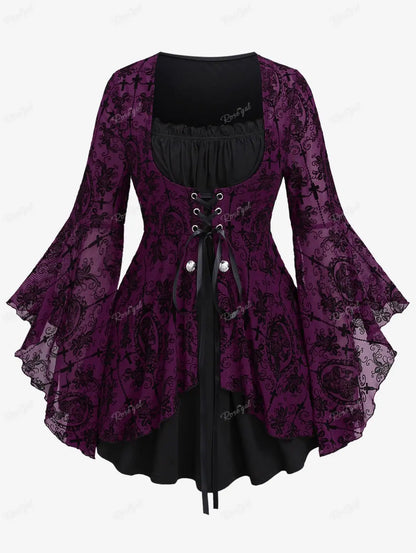 Plus Size Gothic Bell Sleeves Cross Floral Mesh Flocking Lace Up Ruched Ruffles 2 in 1 Long Bell Sleeve Top