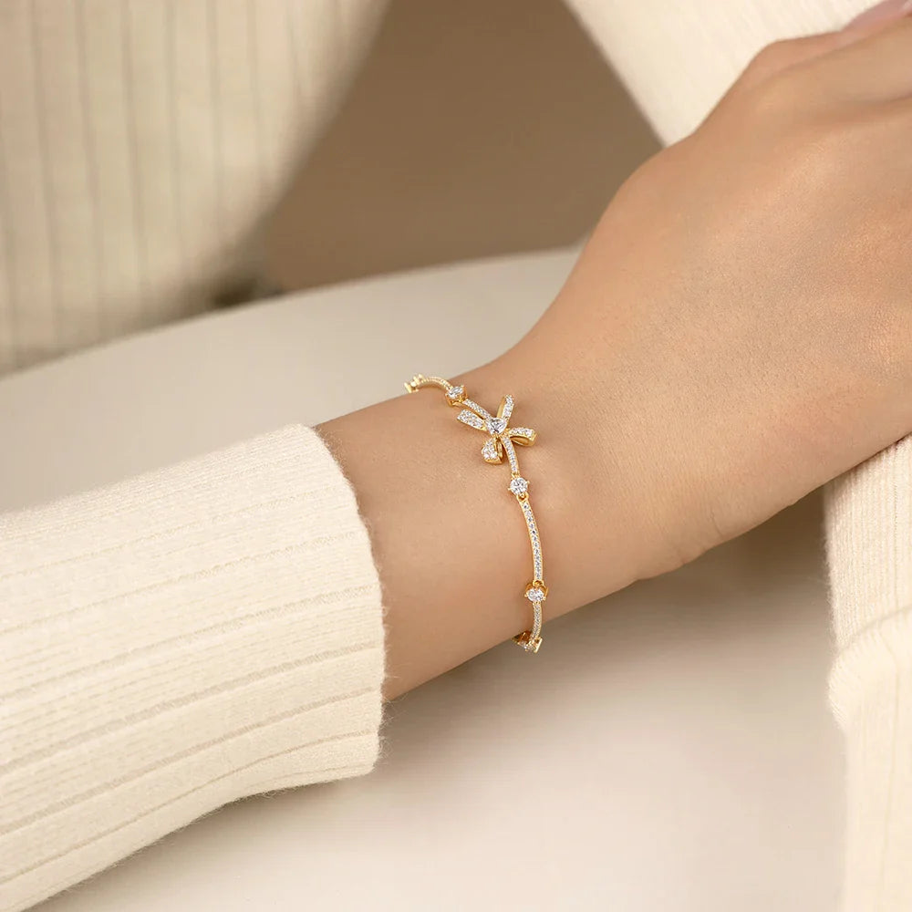 Bow Star Moissanite Bracelets for Women S925 Silver Adjustable 16+3cm Elegant Romantic Engagement Jewelry Gifts for Her