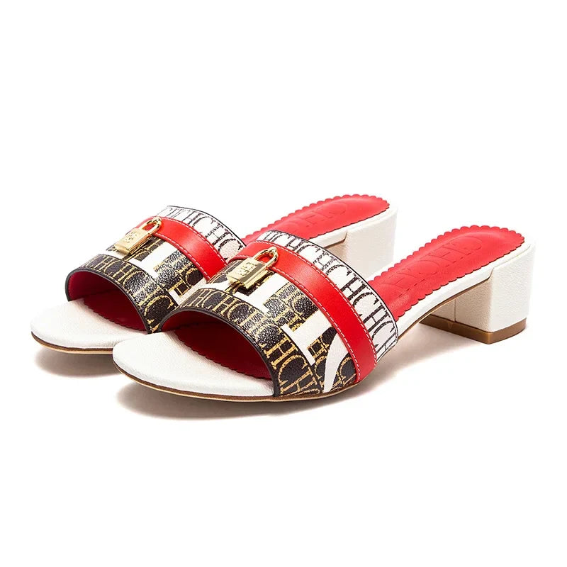 Woman Middle Heel Slippers Luxury Brand Women's Shoes Retro Design 2025 Summer New