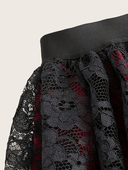 Women's Gothic High Low Tulle Skirt Black Red Floral Lace Contrast High Waist Vintage Punk Rock Style Asymmetrical Hem Skirt