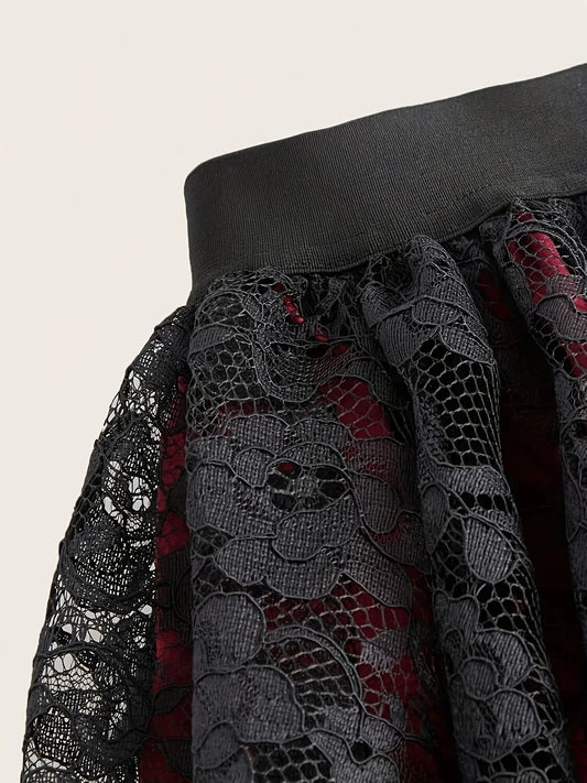 Women's Gothic High Low Tulle Skirt Black Red Floral Lace Contrast High Waist Vintage Punk Rock Style Asymmetrical Hem Skirt