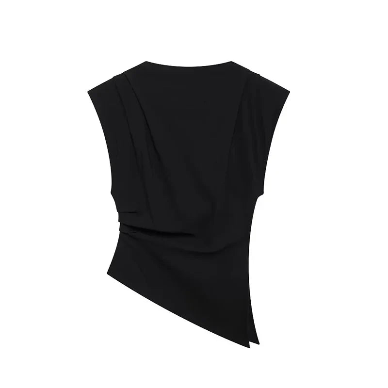 Women Fashion With Pad Solid Pleated Back Zipper Tank Tops Vintage O-Neck Sleeveless Female Chic Lady Tops