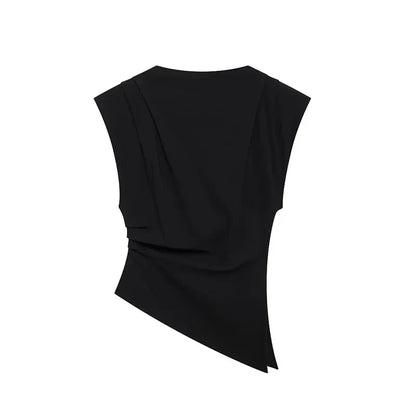 Women Fashion With Pad Solid Pleated Back Zipper Tank Tops Vintage O-Neck Sleeveless Female Chic Lady Tops