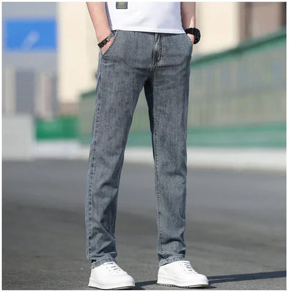 Summer New Men's Loose Stretch Gray Jeans Fashion Casual Stretch Straight-leg Denim Pants Male Light Blue Brand