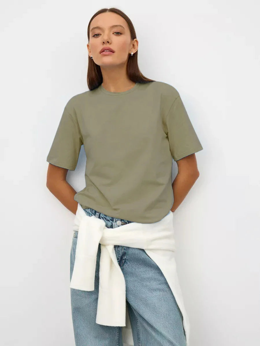 Summer 100% Cotton Women's T-shirt Bottoming Basic Fashionable Lady Short Sleeve Loose Tops Shirts Solid 230g/㎡ Tops