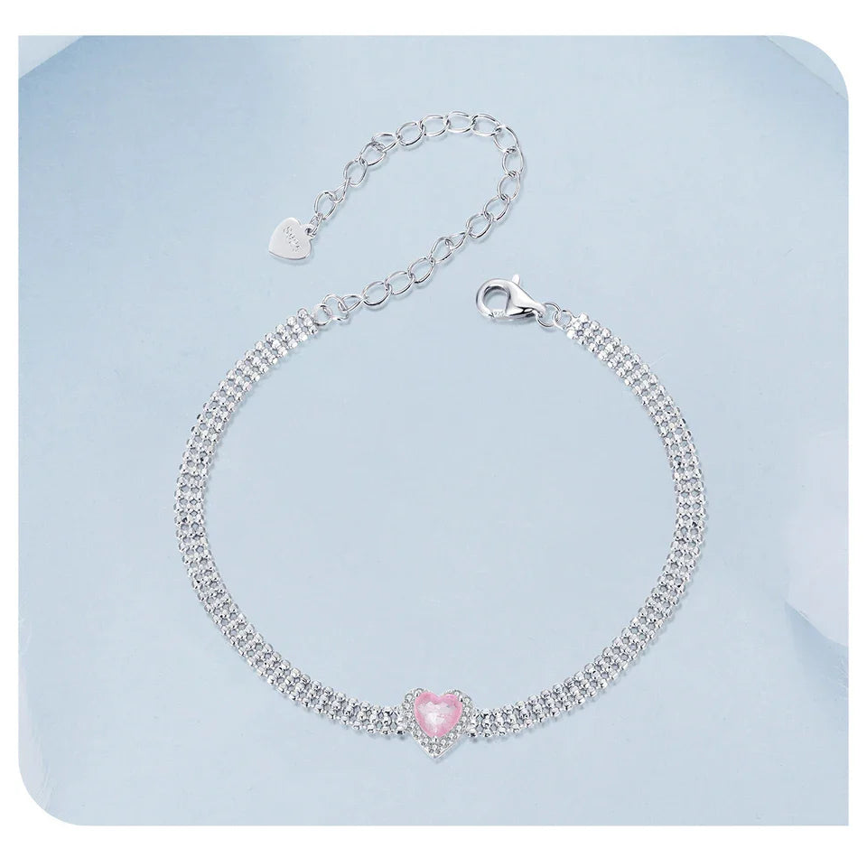 Love Heart Bracelets for Women Girls 925 Sterling Silver with CZ, White Gold Plated Charm Link Chain Bracelet Jewelry
