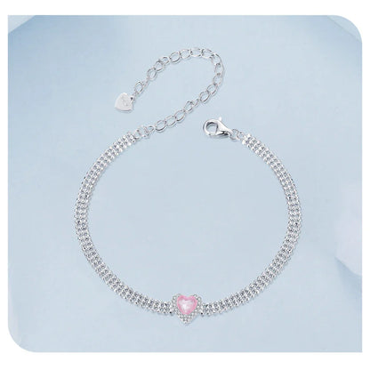 Love Heart Bracelets for Women Girls 925 Sterling Silver with CZ, White Gold Plated Charm Link Chain Bracelet Jewelry