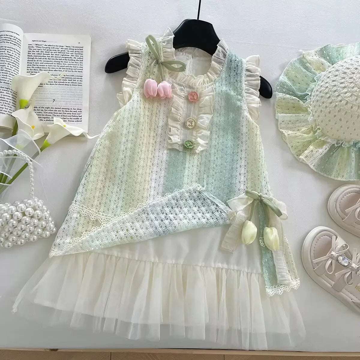 Girls Casual Dresses Sleeveless Lace Sundress Lace Flower Princess Dress Kids Dresses for Girls 2 To 8 Years