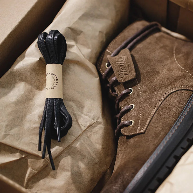 Men Vintage Split Suede Fleece-lined Boots Brown High-Top Work Boots Lace-Up Desert Ankle Rugged Sole Boots Outdoor Shoes