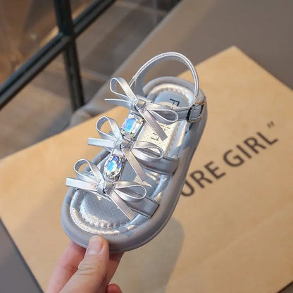 Summer Kids Fashion Hollow-out Roman Sandals Student Water Diamond Bow Sandals Sweet Bowknot Comfortable Elegant Girls Shoes