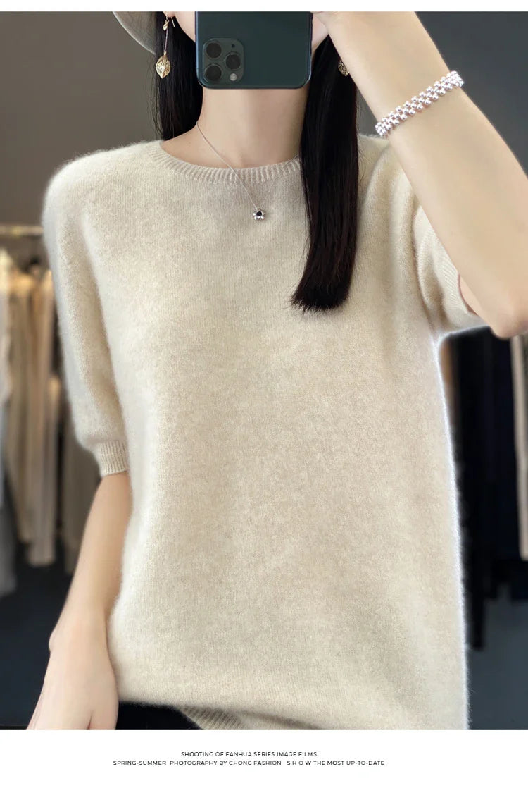 100% pure wool T-shirt spring and summer new women's O-neck pullover short sleeve loose five-sleeve sweater high-end top