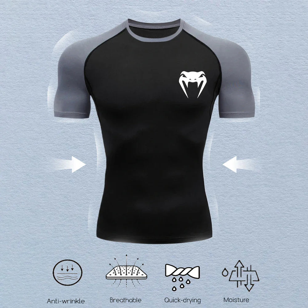 Men's Compression Shirts Fitness Snake Print Gym Shirts Quick Dry Rashguard Short Sleeve Sportswear Jogging Tops Tees Summer