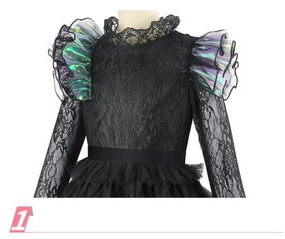 Halloween Witch Elphaba Costume Kids Purim Fantasy Outfits Girls Fancy Sets Children Long Sleeve Lace Ruffles Black Party Gown