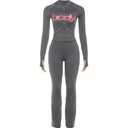 Letter Print 2 Piece Set Women Tracksuit Hooded Jacket+Leggings Matching Stretch Streetwear Casual Sporty Outfits