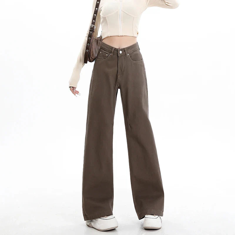 Y2k High Waist Female Clothing Solid Color Casual Wide Denim Trousers
