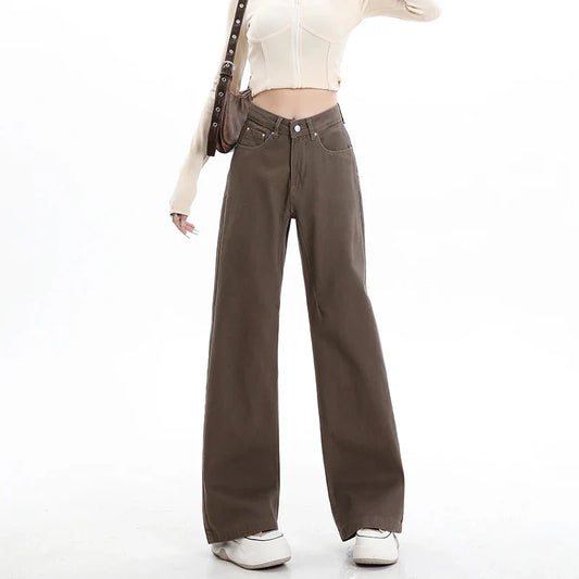 Y2k High Waist Female Clothing Solid Color Casual Wide Denim Trousers