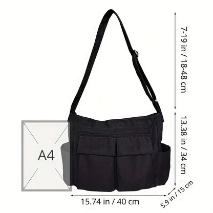 Women's Campus Messenger Bag Large Capacity Solid Color Canvas Shoulder Backpack Casual Handbag
