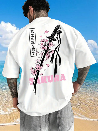 Japanese Samurai Sword Sakura Print 100% Cotton Men Women T-shirt Summer Autumn Daily Outdoor Sports Casual Street Short-sleeve