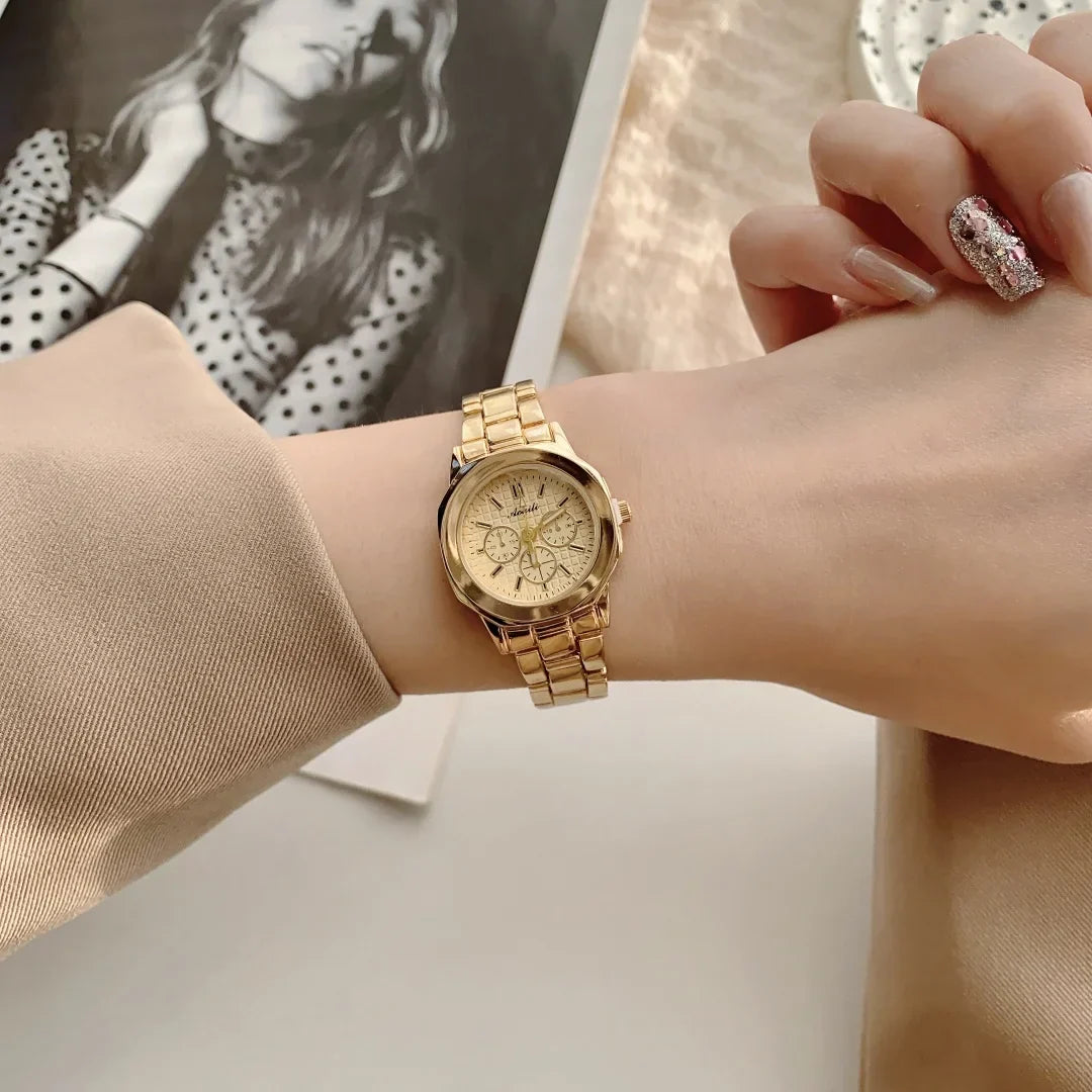 Women's Fashion Round Room Gold Steel Band Quartz Wristwatch Luxury Ladies Golden Watch for Women Clock Female Reloj