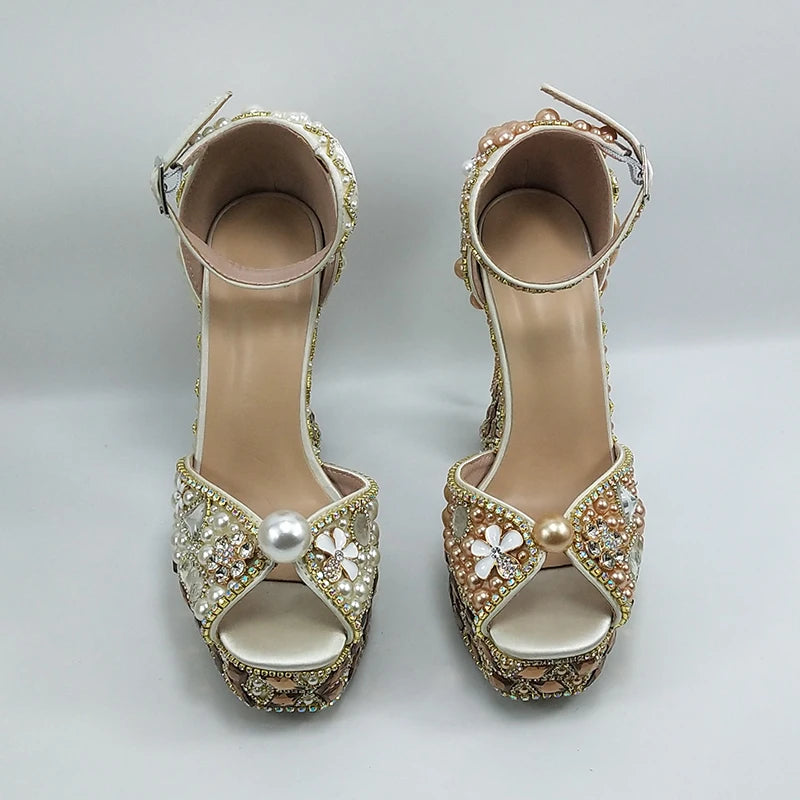 Luxury Champagne Golden Crystal wedding shoes matching bags woman fashion Thick heel Women party dress shoes Pointed Toe shoes