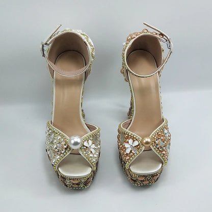 Luxury Champagne Golden Crystal wedding shoes matching bags woman fashion Thick heel Women party dress shoes Pointed Toe shoes