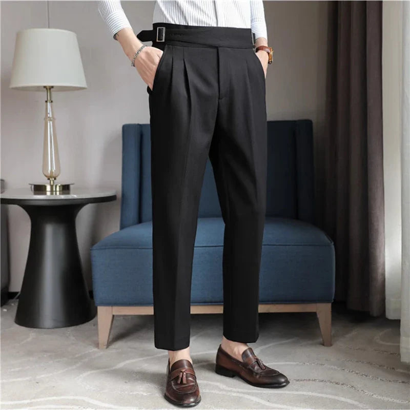 Luxury Men's Slim High-Rise Dress Pants - Heavyweight Subtle Stripe with 3D Pleats & Naples Tailoring