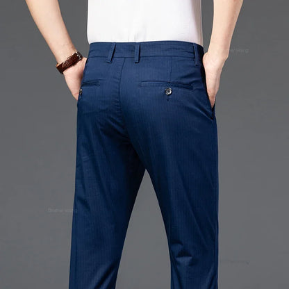 New Men's Business Straight Striped Casual Pants High Quality British Fashion Soft Elastic Trousers Black White Khaki Gray