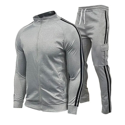 Spring and Autumn Men's Cardigan Striped Stand up Collar Sports Set Outdoor Jogging Cycling Mountaineering Two Piece Set