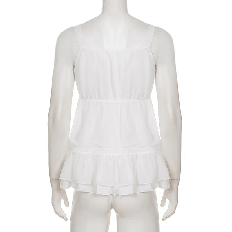 Sweet Lace Patchwork Bandage Ruffles Trim A-Tops Women's Solid Sheer Button Front Squre Neck Camisole All Match Vest